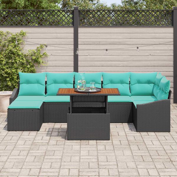vidaXL 8 Piece Garden Sofa Set with Cushions Black Poly Rattan Acacia