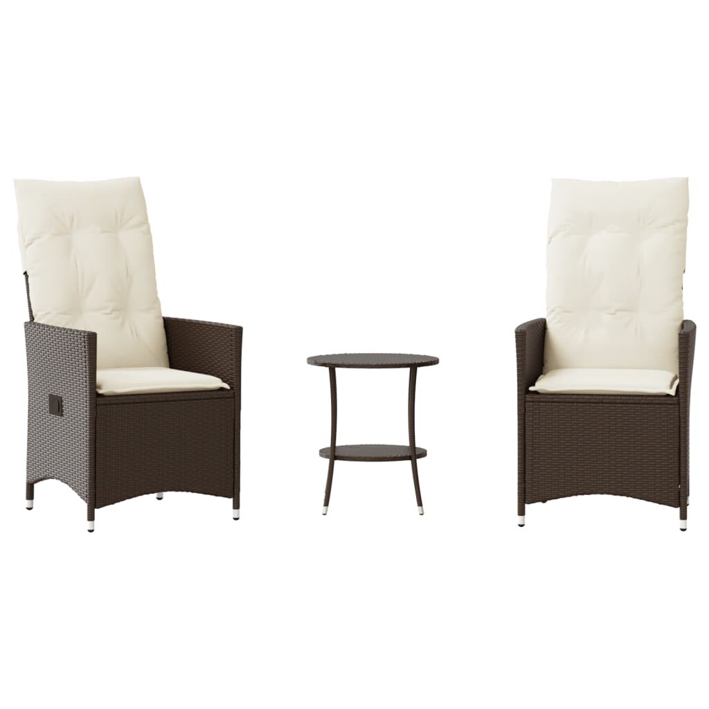 vidaXL 3 Piece Bistro Set with Cushions Brown Poly Rattan
