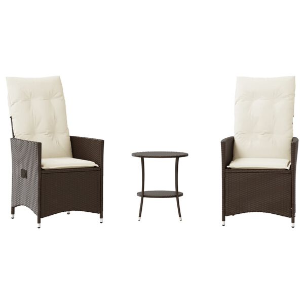 vidaXL 3 Piece Bistro Set with Cushions Brown Poly Rattan