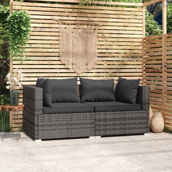 vidaXL 2-Seater Sofa with Cushions Grey Poly Rattan