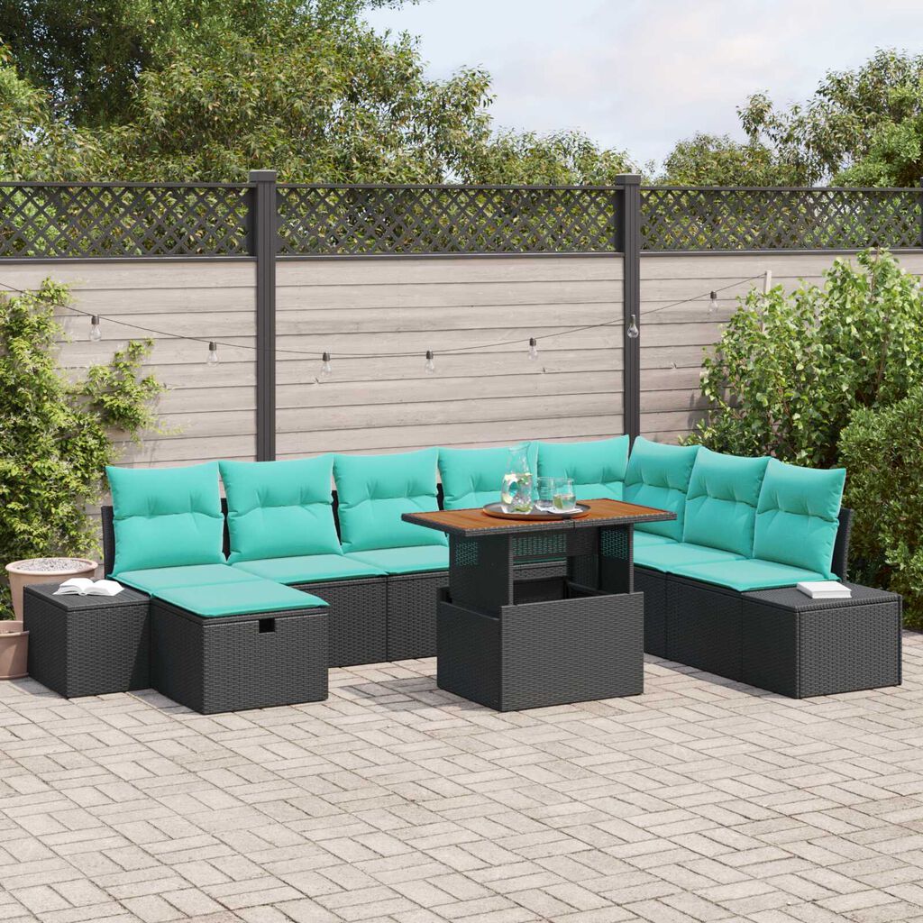 vidaXL 9 Piece Garden Sofa Set with Cushions Black Poly Rattan Acacia