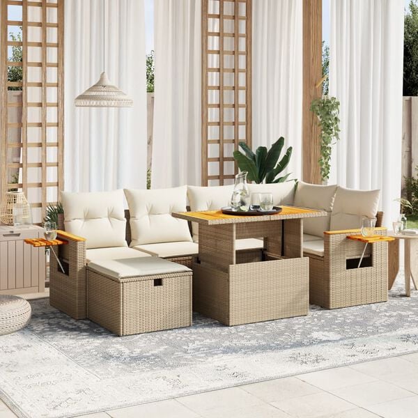 vidaXL 7 Piece Garden Sofa Set with Cushions Beige Poly Rattan