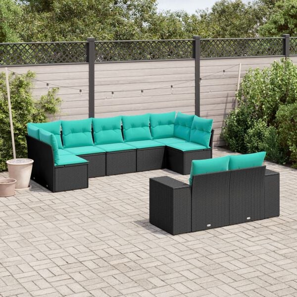 vidaXL 9 Piece Garden Sofa Set with Cushions Black Poly Rattan