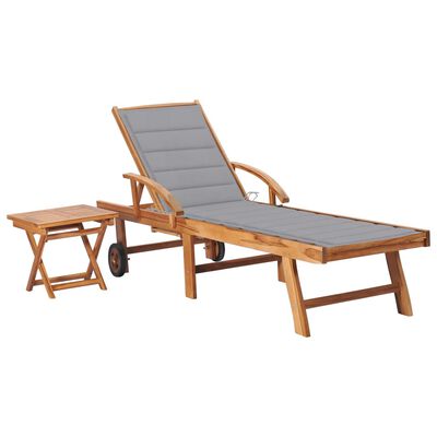 vidaXL Sun Lounger with Table and Cushion Solid Teak Wood