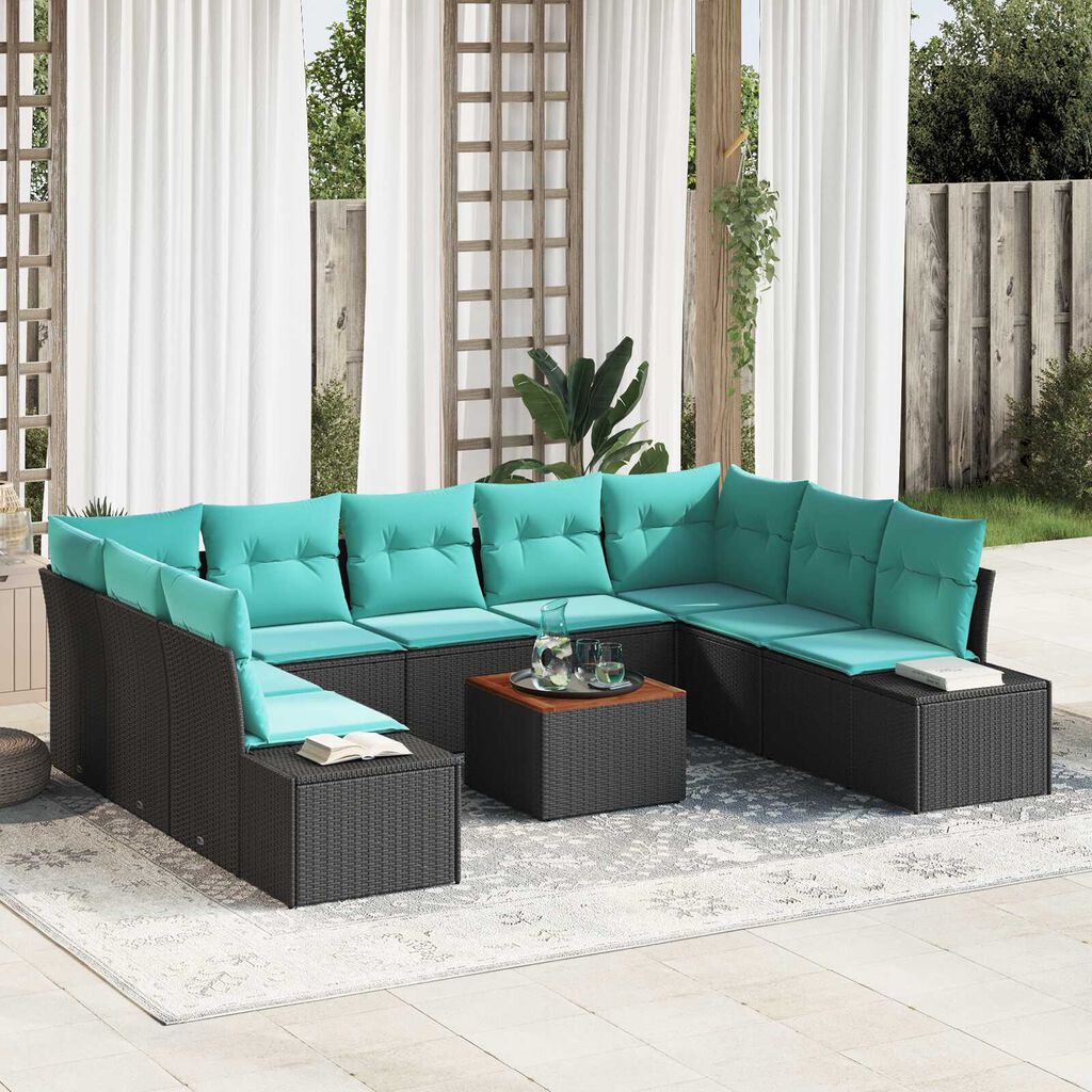 vidaXL 10 Piece Garden Sofa Set with Cushions Black Poly Rattan Acacia
