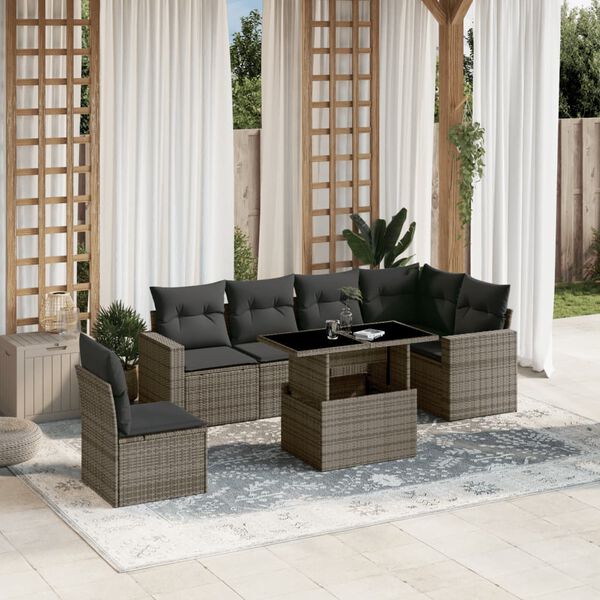 vidaXL 7 Piece Garden Sofa Set with Cushions Grey Poly Rattan
