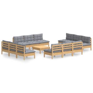 vidaXL 13 Piece Garden Lounge Set with Grey Cushions Pinewood