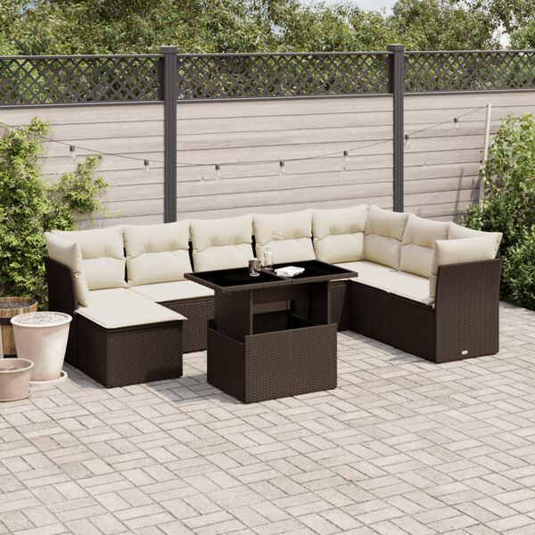 vidaXL 9 Piece Garden Sofa Set with Cushions Brown Poly Rattan