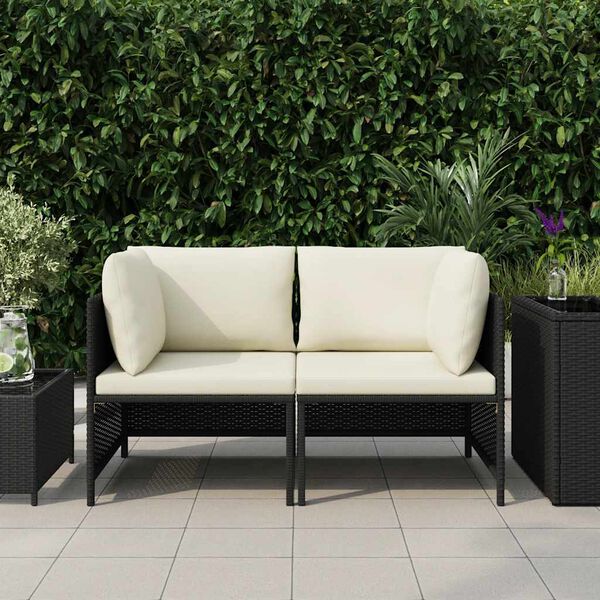 vidaXL 2-Seater Garden Sofa with Cushions Black Poly Rattan