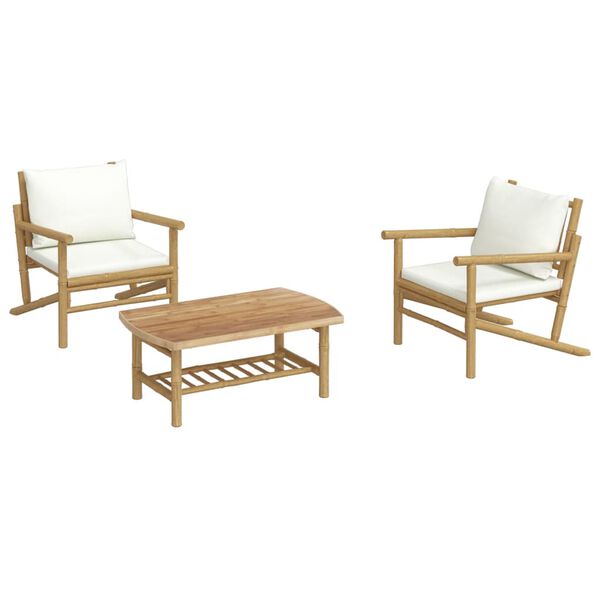 vidaXL 3 Piece Garden Lounge Set with Cream White Cushions Bamboo