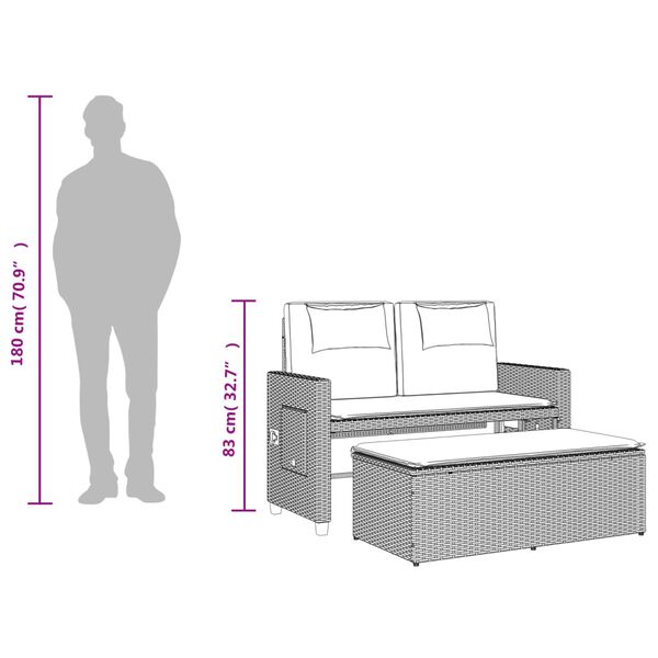 vidaXL Reclining Garden Bench with Cushions Grey Poly Rattan