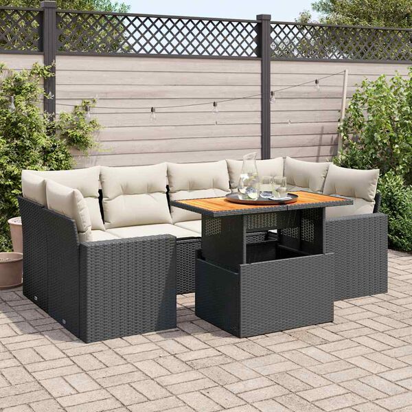vidaXL 7 Piece Garden Sofa Set with Cushions Black Poly Rattan