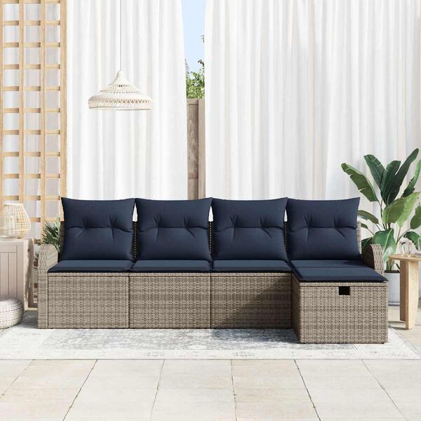 vidaXL Sofa Set with Cushion with Storage Grey and Navy Poly Rattan