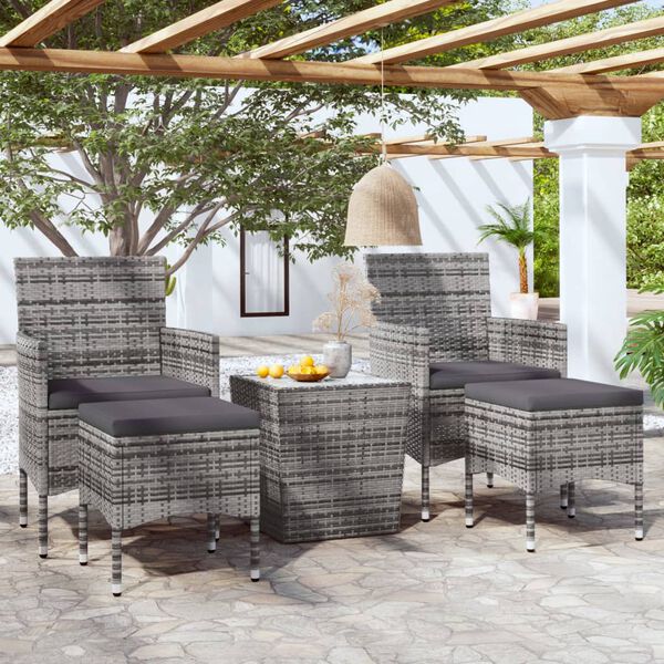 vidaXL 5 Piece Garden Bistro Set Poly Rattan and Tempered Glass Grey