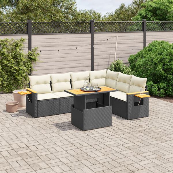 vidaXL 7 Piece Garden Sofa Set with Cushions Black Poly Rattan
