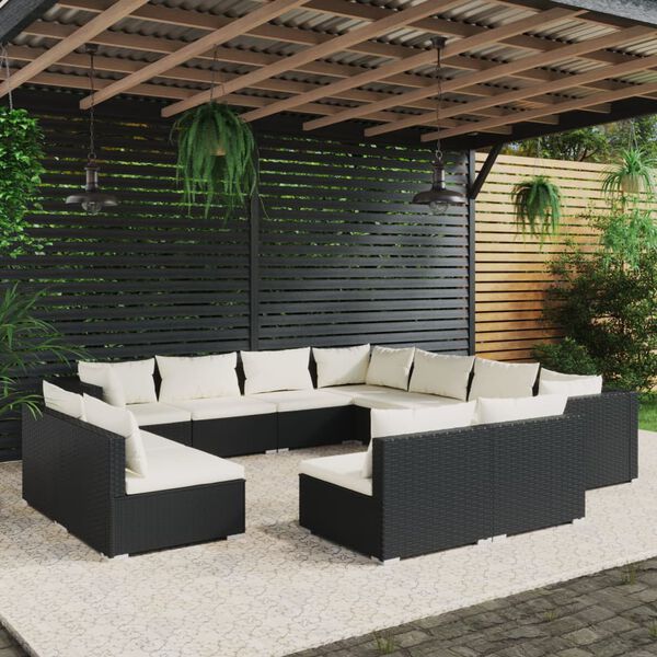 vidaXL 11 Piece Garden Lounge Set with Cushions Black Poly Rattan