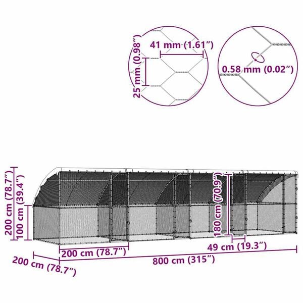 vidaXL Chicken Cage Silver 800 x 200 x 198.5 cm Galvanised steel