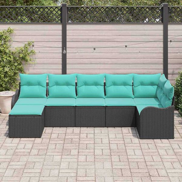 vidaXL Garden Sofa Set with Cushion 7 pcs Black, turquoise Poly rattan