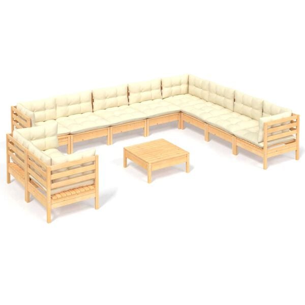 vidaXL 11 Piece Garden Lounge Set with Cream Cushions Solid Pinewood
