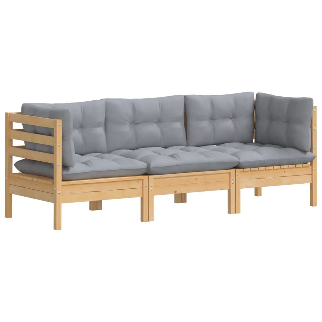 vidaXL 3-Seater Garden Sofa with Grey Cushions Solid Pinewood