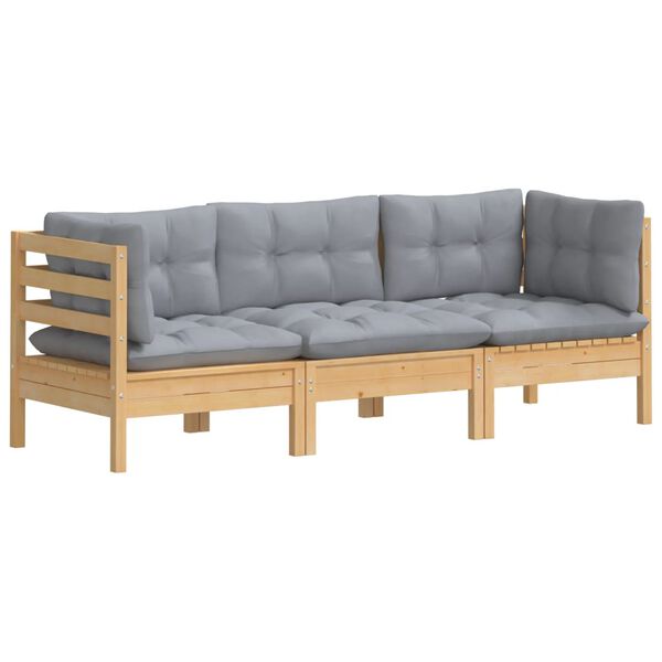 vidaXL 3-Seater Garden Sofa with Grey Cushions Solid Pinewood