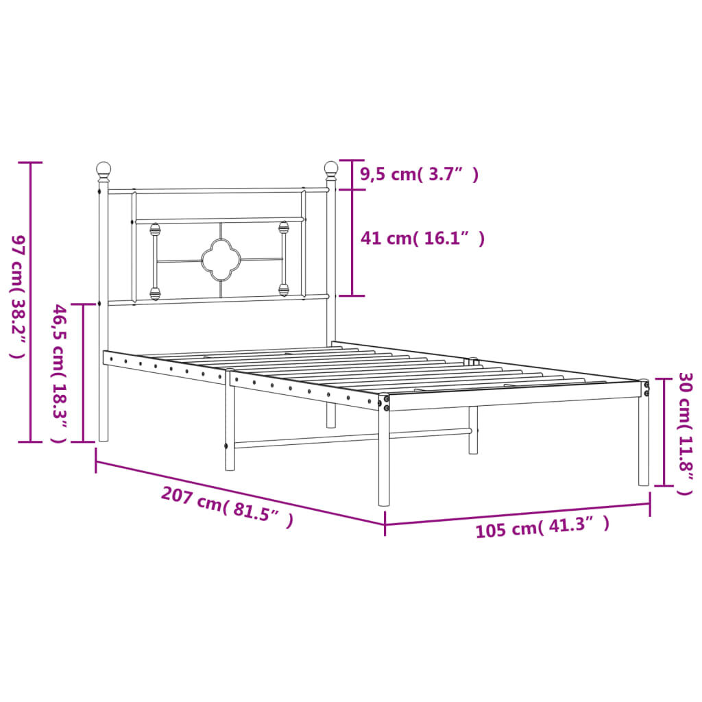 vidaXL Metal Bed Frame without Mattress with Headboard Black 100x200cm