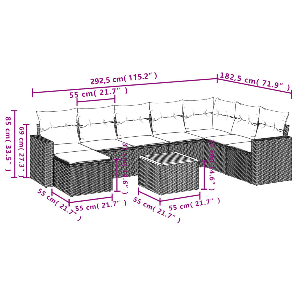vidaXL 9 Piece Garden Sofa Set with Cushions Beige Poly Rattan