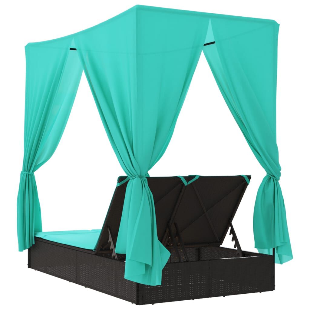 vidaXL Double Sun Lounger with Roof and Curtains Black Poly Rattan