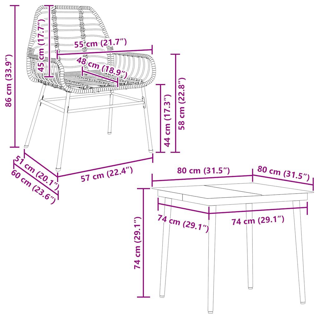 vidaXL 3 Piece Garden Dining Set with Cushions Brown Poly Rattan Glass