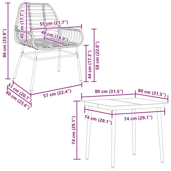 vidaXL 3 Piece Garden Dining Set with Cushions Brown Poly Rattan Glass