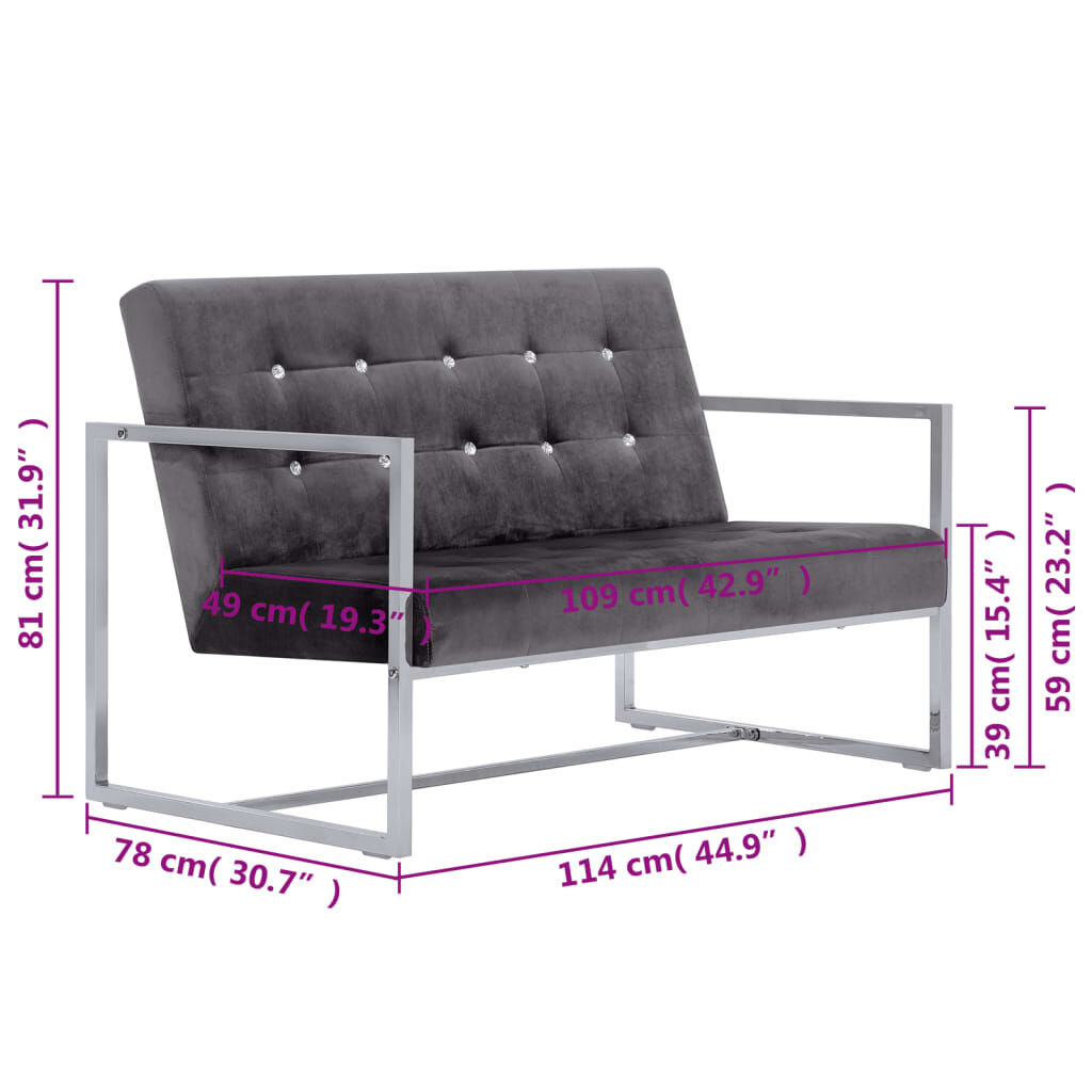 vidaXL 2-Seater Sofa with Armrests Dark grey Chrome and Velvet