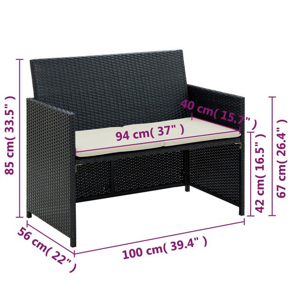vidaXL 2 Seater Garden Sofa with Cushions Black Poly Rattan