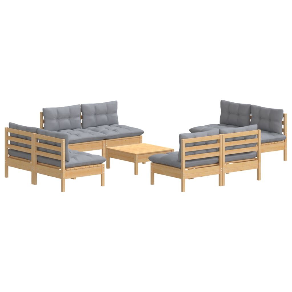 vidaXL 9 Piece Garden Lounge Set with Grey Cushions Pinewood