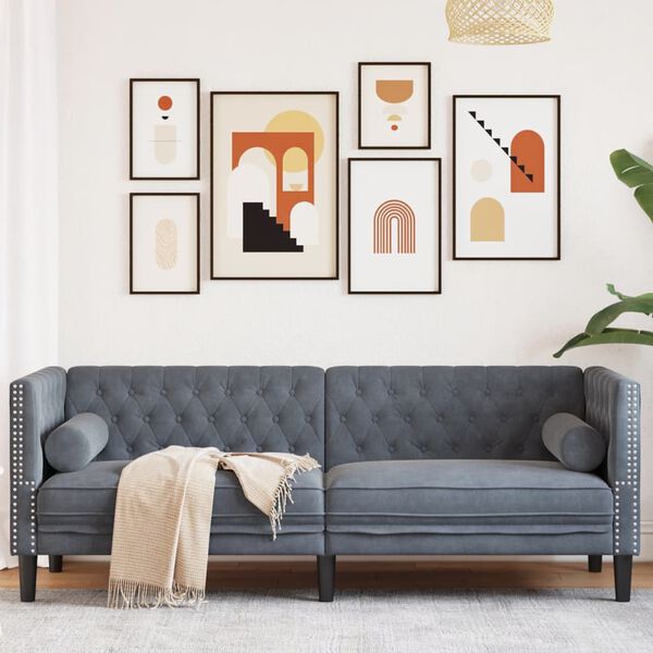 vidaXL Chesterfield Sofa with Bolsters 3-Seater Dark Grey Velvet
