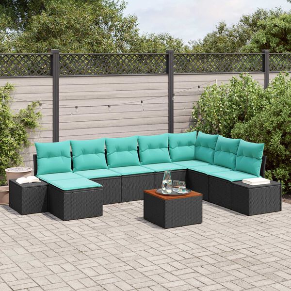 vidaXL 9 Piece Garden Sofa Set with Cushions Black Poly Rattan Acacia