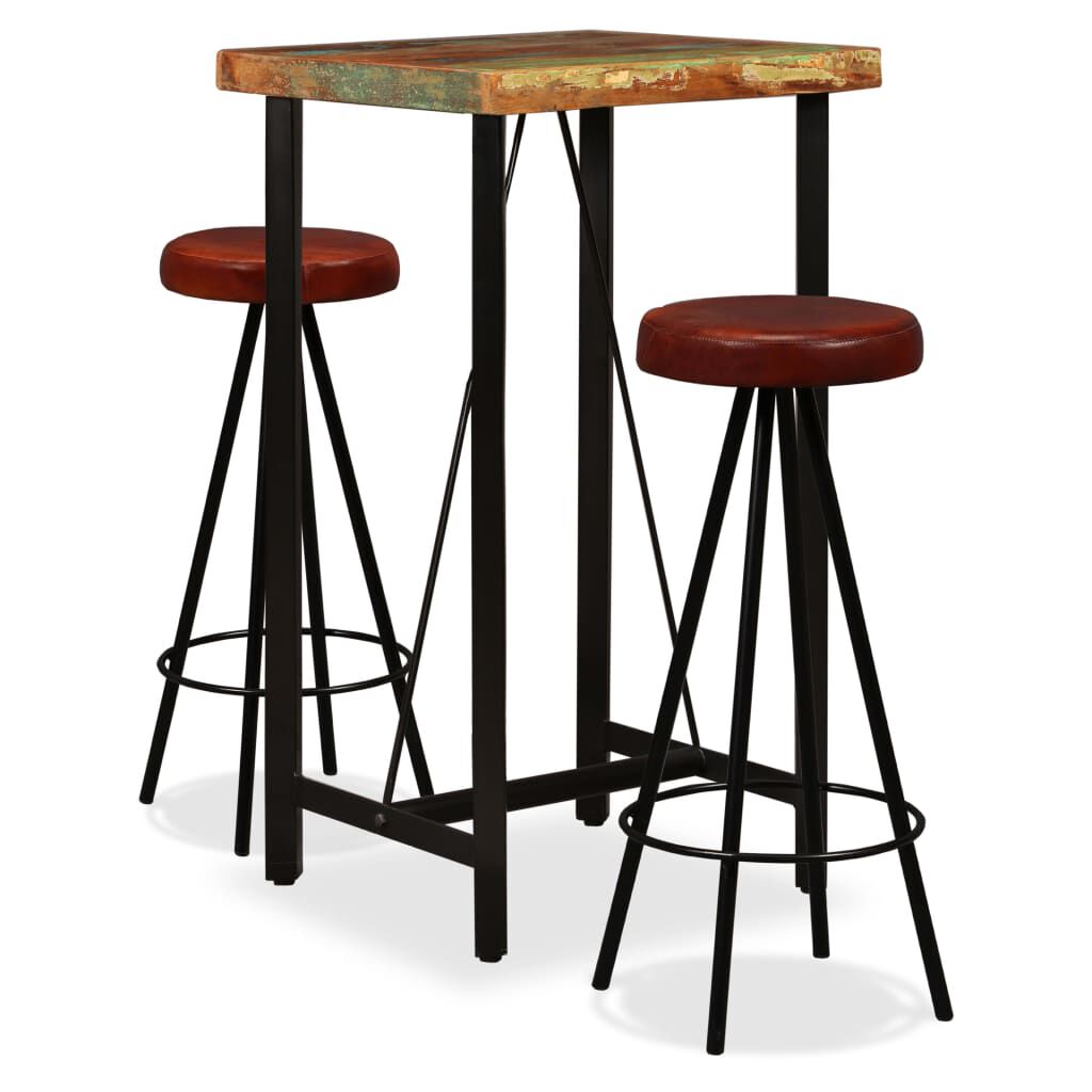 vidaXL Bar Set 3 Pieces Solid Wood Reclaimed and Genuine Leather