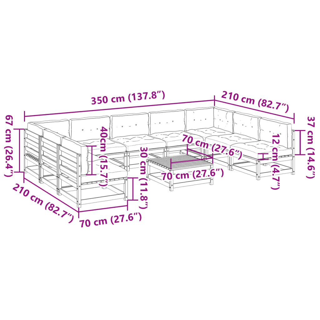 vidaXL 10 Piece Garden Sofa Set with Cushions Wax Brown Solid Wood Pine