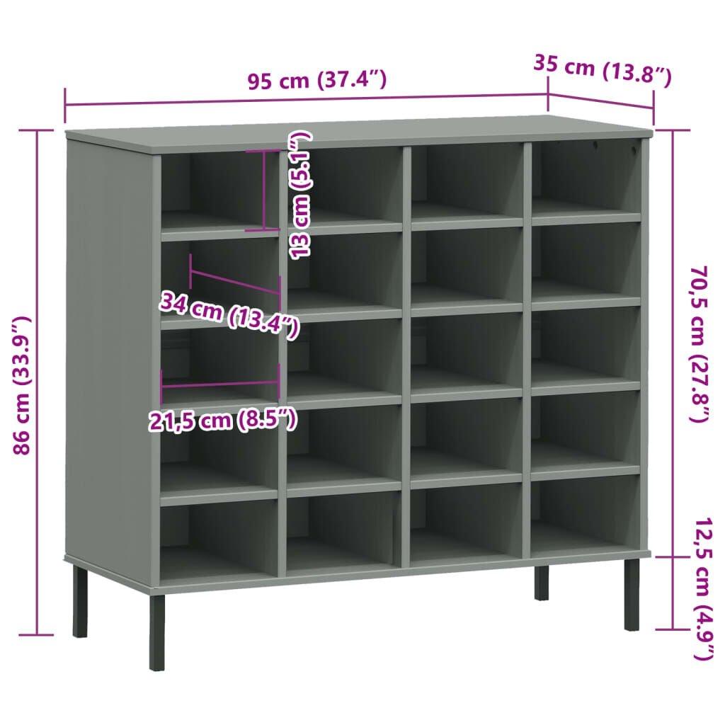 vidaXL Shoe Rack with Metal Legs Grey 95x35x86 cm Solid Wood OSLO