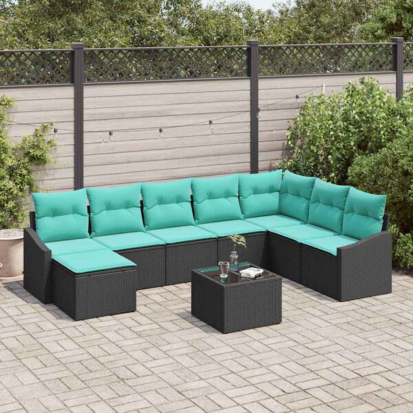vidaXL Sofa Set with Cushion 9 pcs Black Poly Rattan