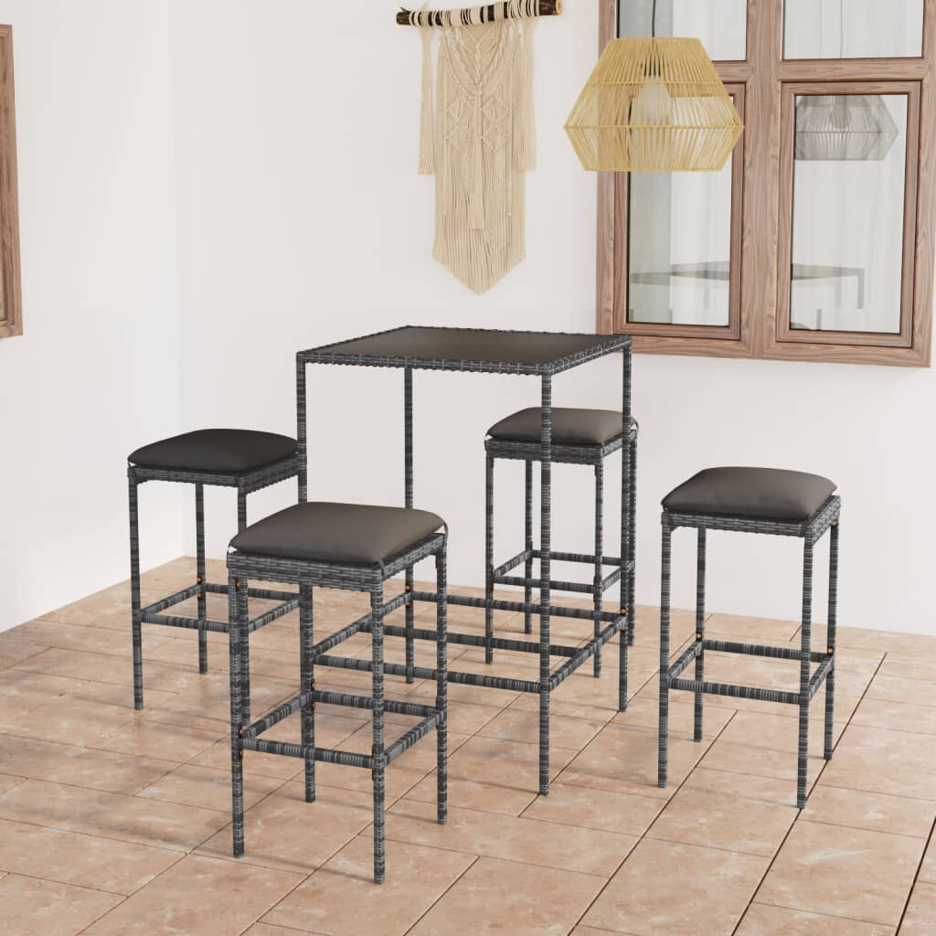 vidaXL 5 Piece Garden Bar Set with Cushions Poly Rattan Grey