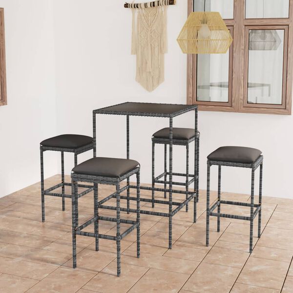 vidaXL 5 Piece Garden Bar Set with Cushions Poly Rattan Grey