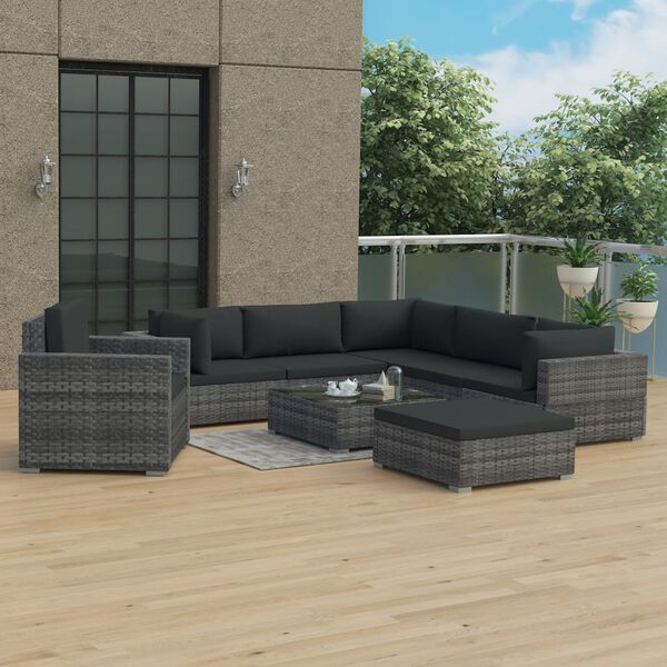 vidaXL 8 Piece Garden Lounge Set with Cushions Poly Rattan Grey