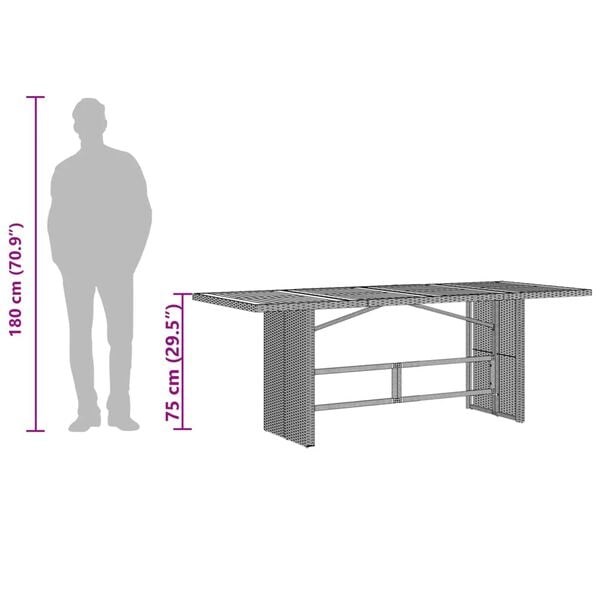 vidaXL Garden Table with Glass Top Grey 190x80x75 cm Poly Rattan