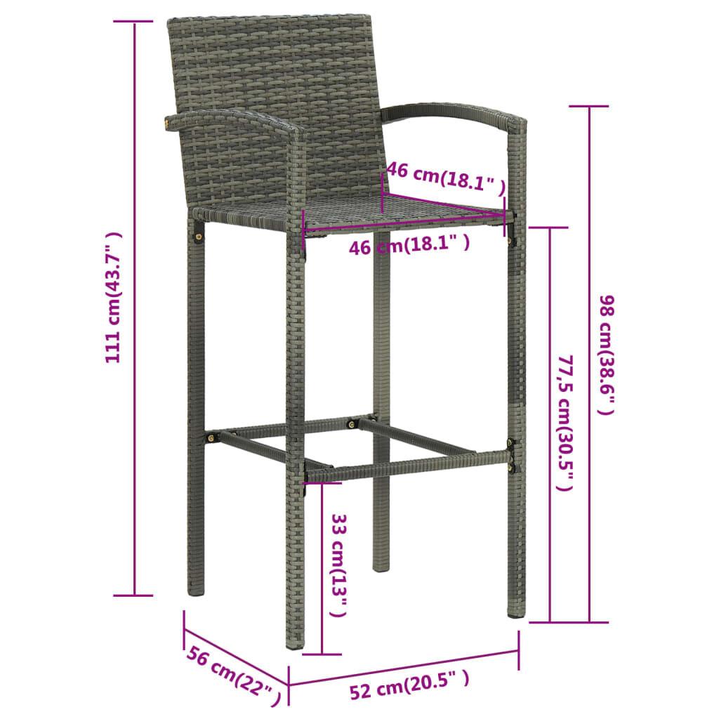 vidaXL Bar Stools 2 pcs Grey Poly Rattan