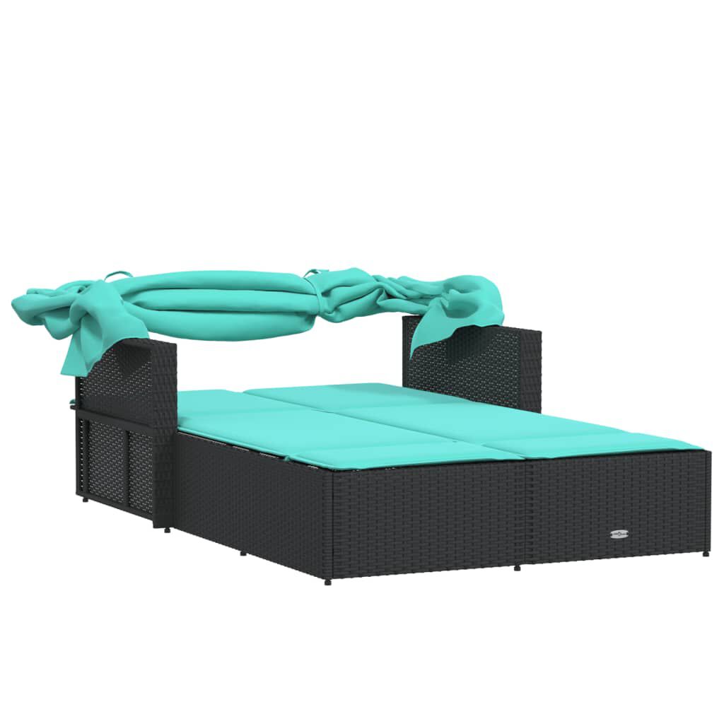 vidaXL Double Sun Lounger with Canopy and Cushions Black Poly Rattan