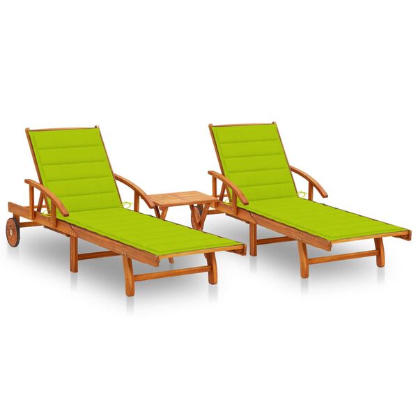 vidaXL Sun Loungers 2 pcs with Table and Cushions Solid Acacia Wood