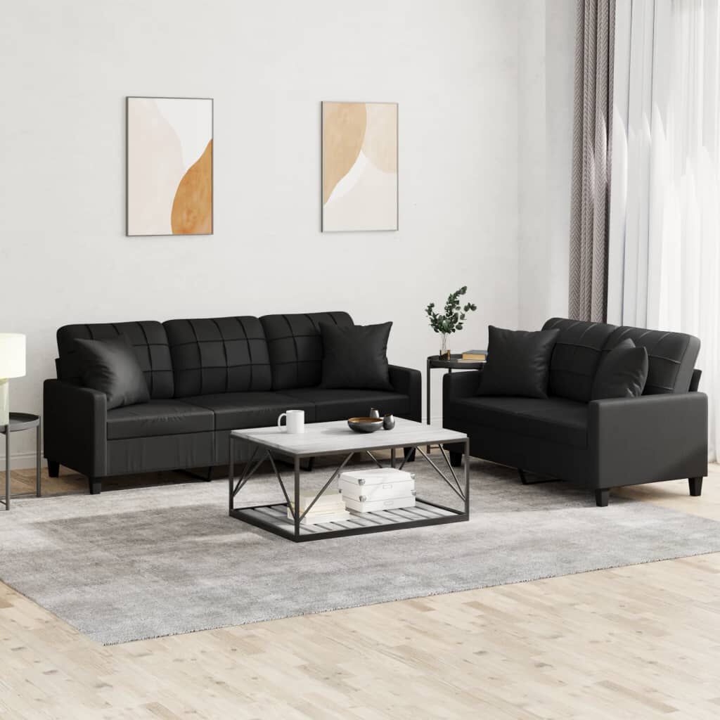 vidaXL 2 Piece Sofa Set with Pillows Black Faux Leather