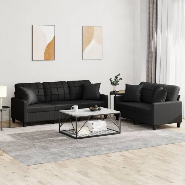 vidaXL 2 Piece Sofa Set with Pillows Black Faux Leather