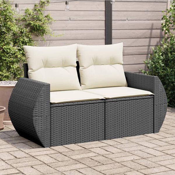 vidaXL Garden Sofa with Cushions 2-Seater Black Poly Rattan