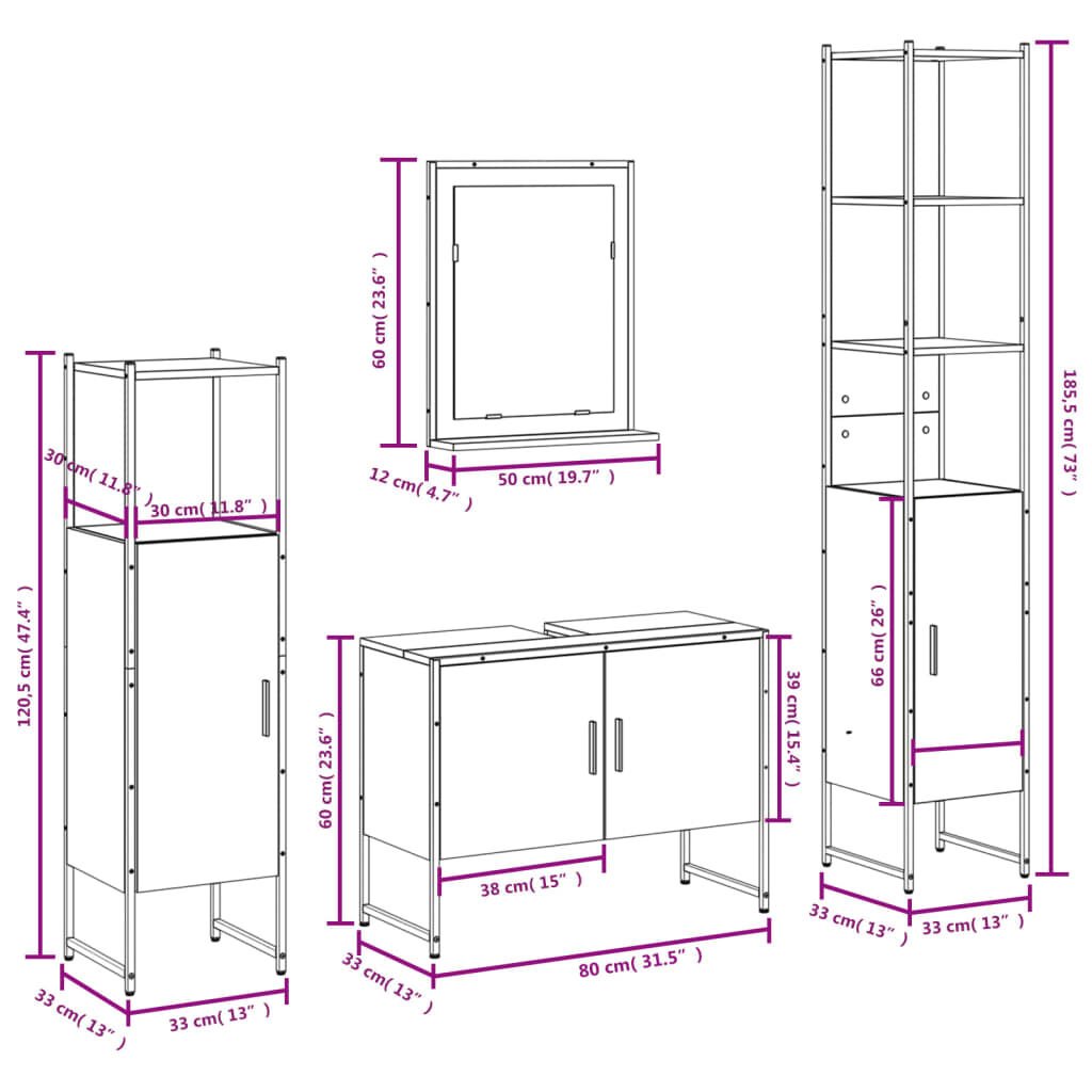 vidaXL 4 Piece Bathroom Cabinet Set Smoked Oak Engineered Wood